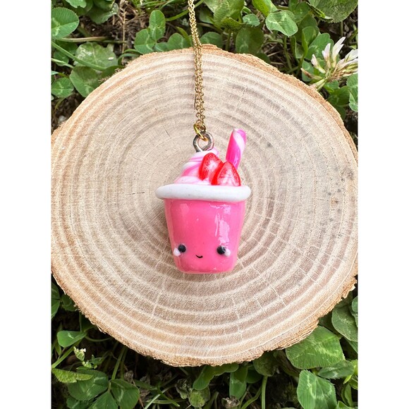 Kawaii Strawberry Yogurt Charm Necklace Handmade Polymer Clay Charm - Picture 2 of 3